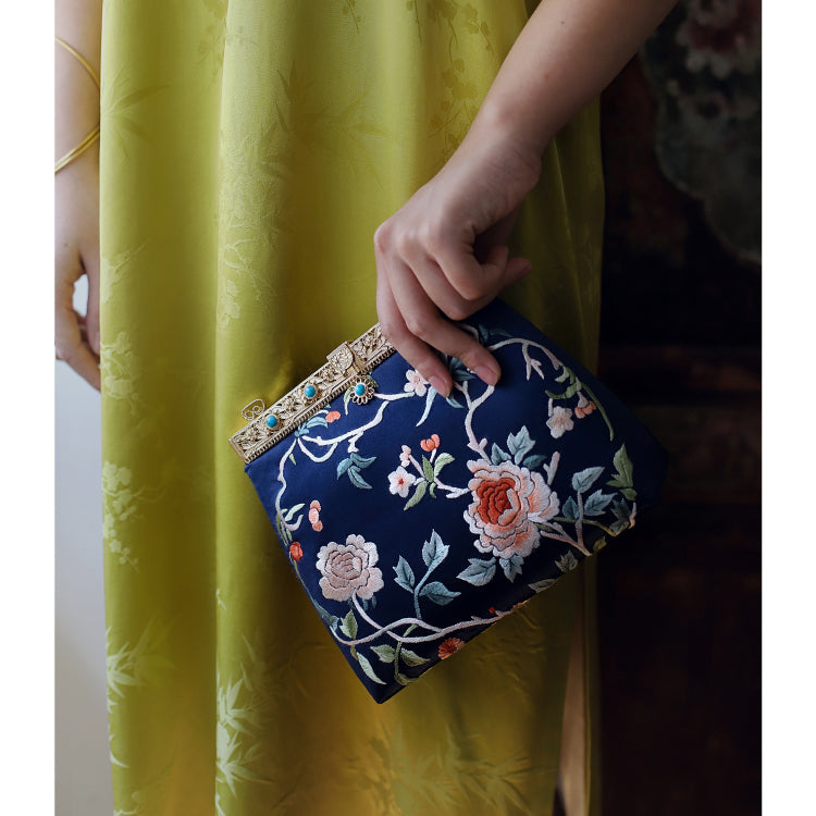 Deep blue peony flower embroidery bag