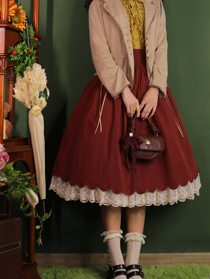 葡萄酒色の刺繍コルセットスカート