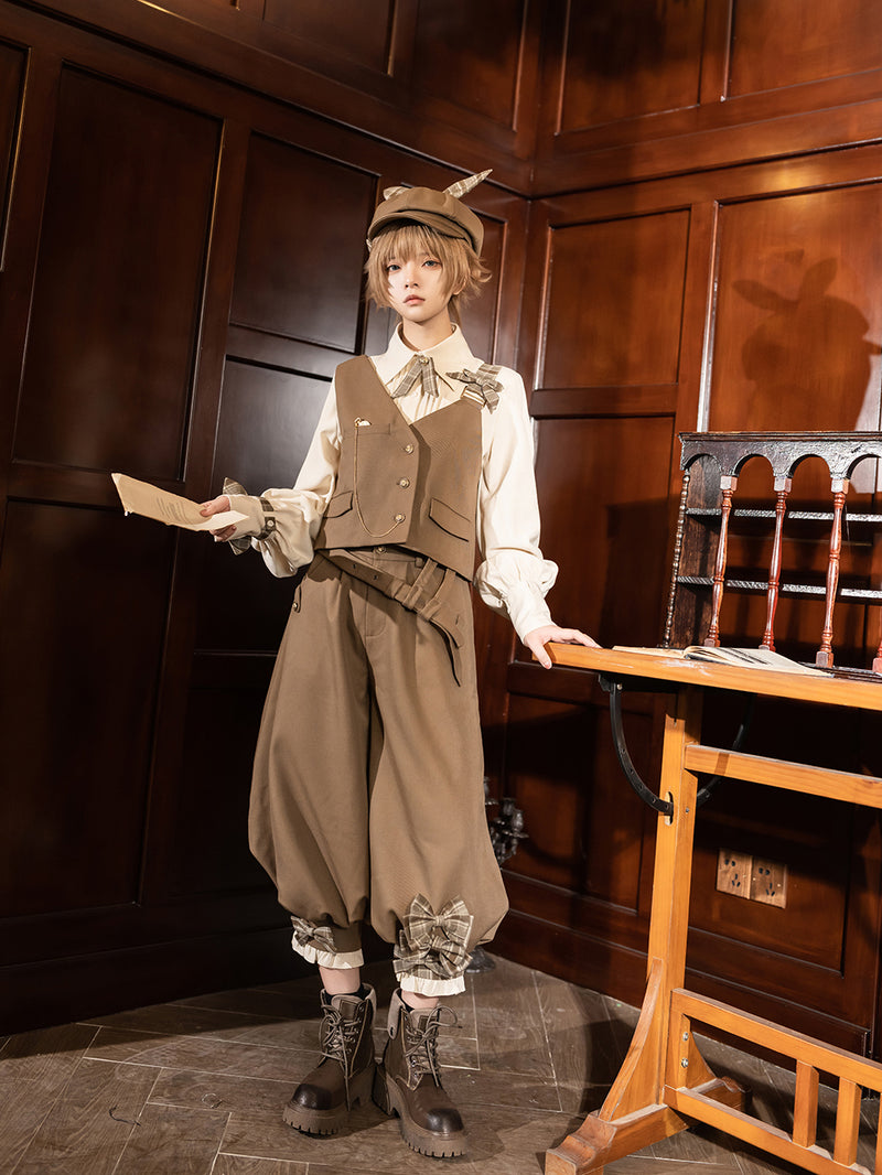 Secret detective ribbon vest, cropped pants and pleated blouse (brown)