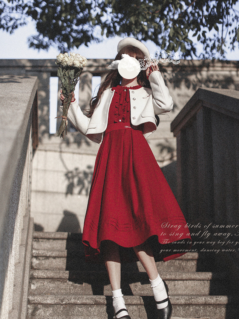 Crimson literary girl dress and short jacket