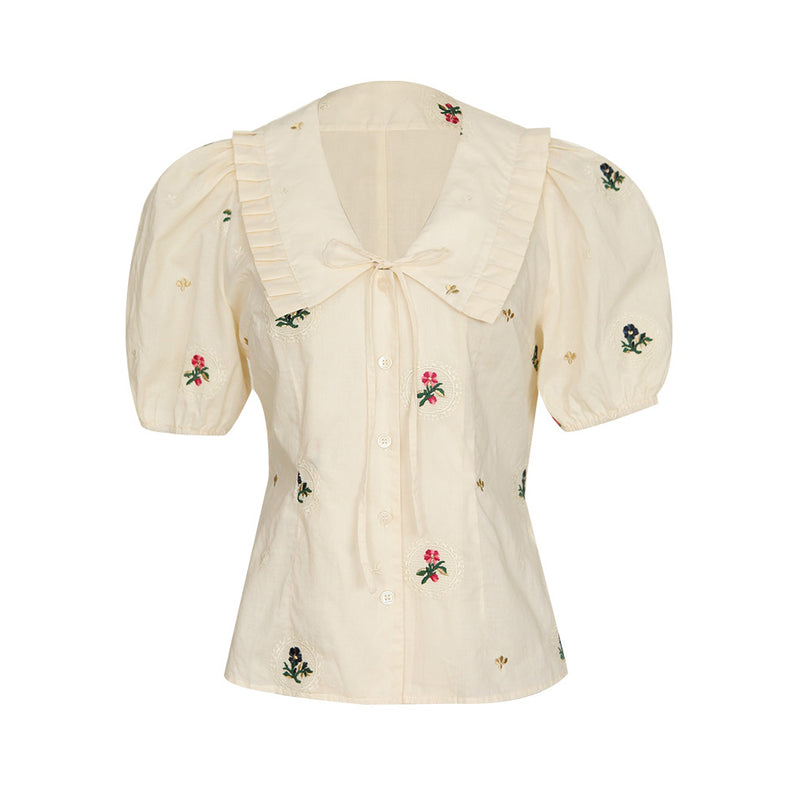 Framed Floral Embroidery French Blouse