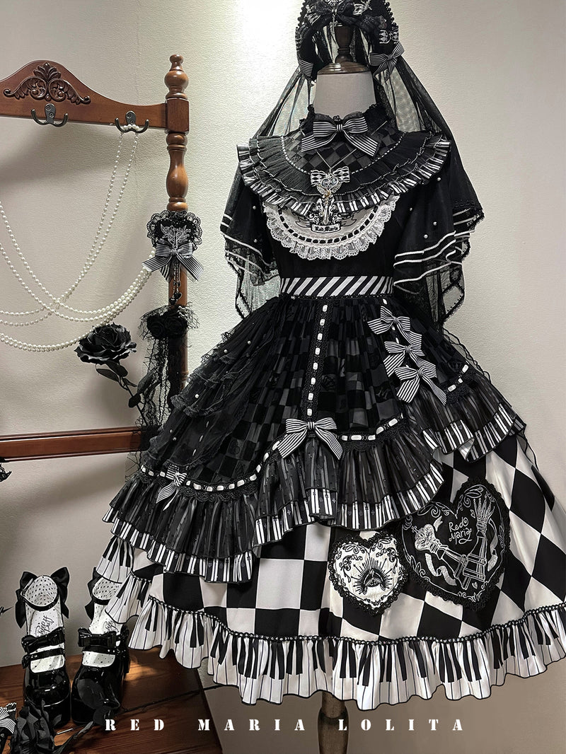 Black and white keyboard print gothic dress [scheduled to be shipped from early July to late August 2023]