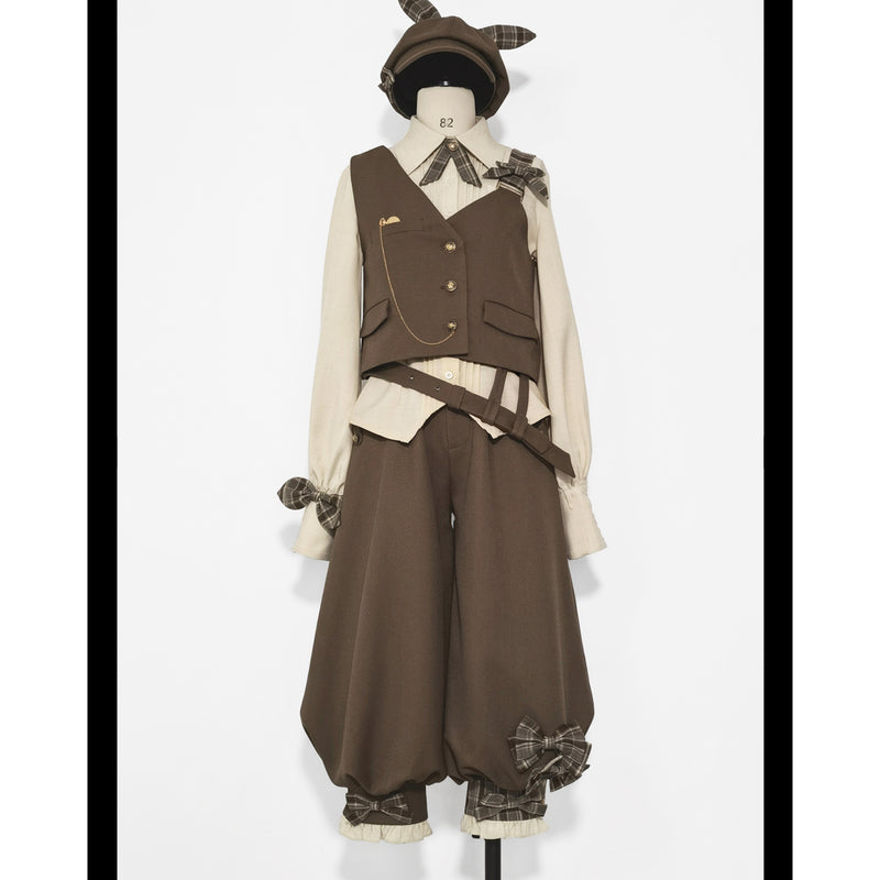 Secret detective ribbon vest, cropped pants and pleated blouse (brown)
