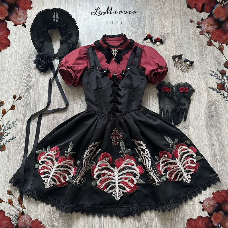 Lace-up jumper skirt with ribs and rose embroidery [scheduled to be shipped from early June to late June 2023]