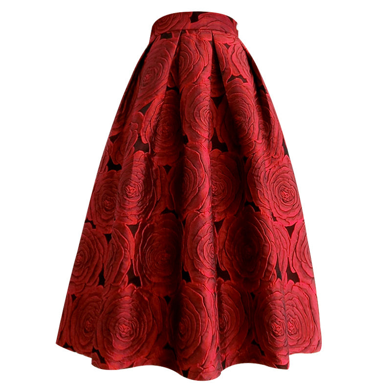深紅の薔薇柄ヘップバーンスカート