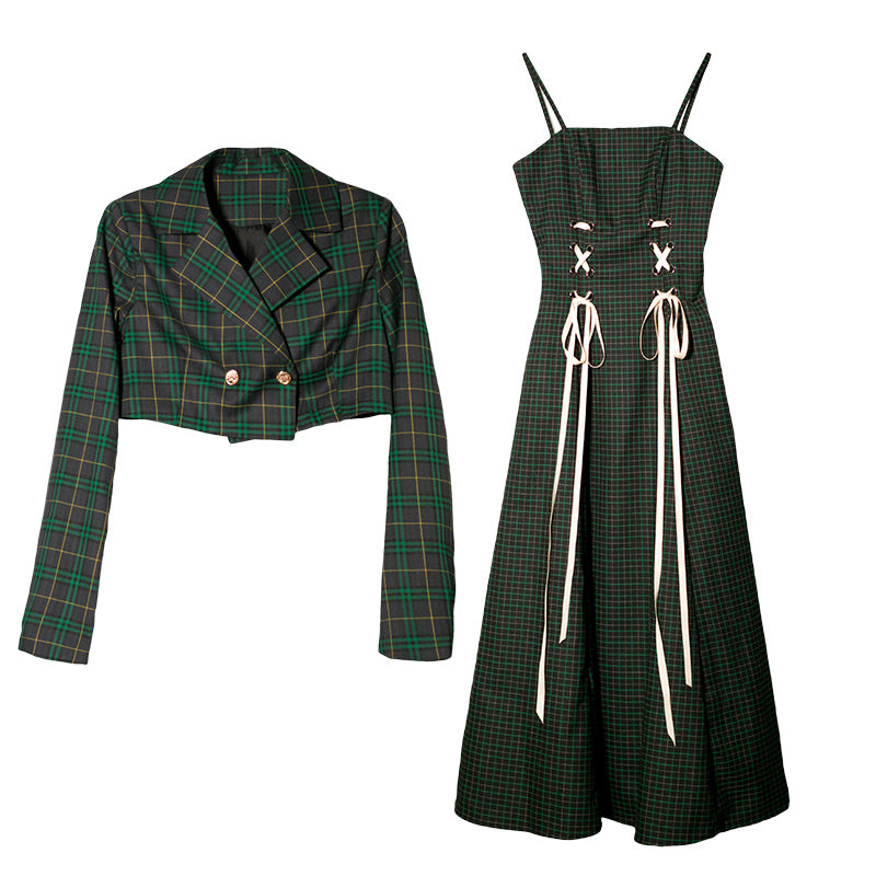 Dark green plaid short jacket and strap dress