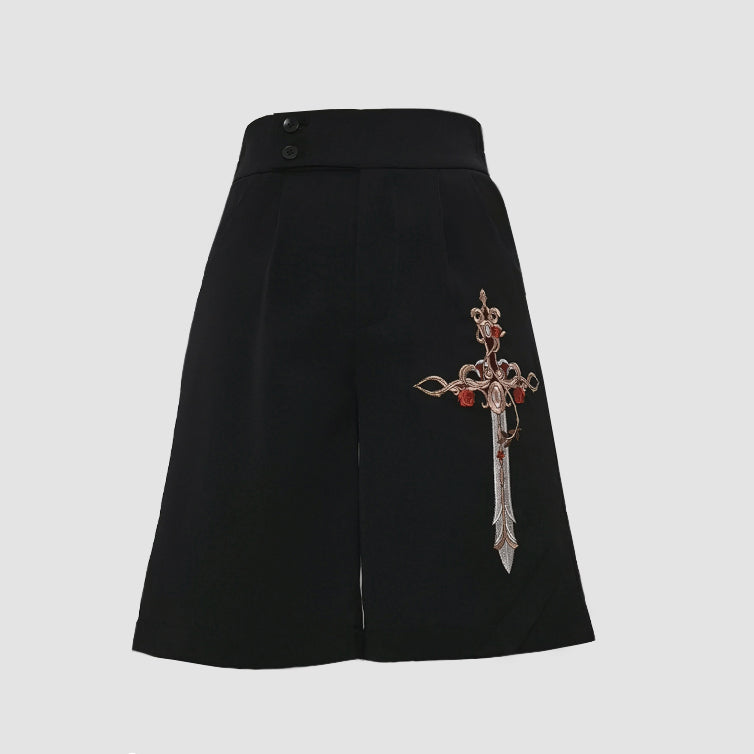 Sword and rose embroidered shorts