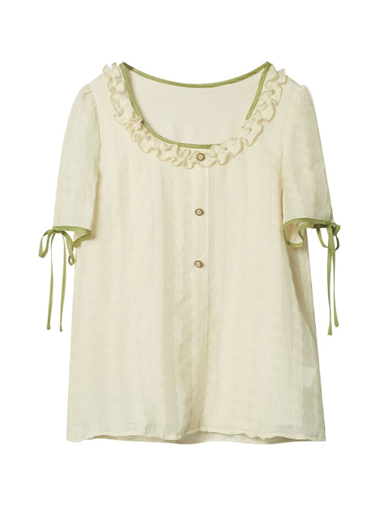 Torinoko-colored embroidery French blouse